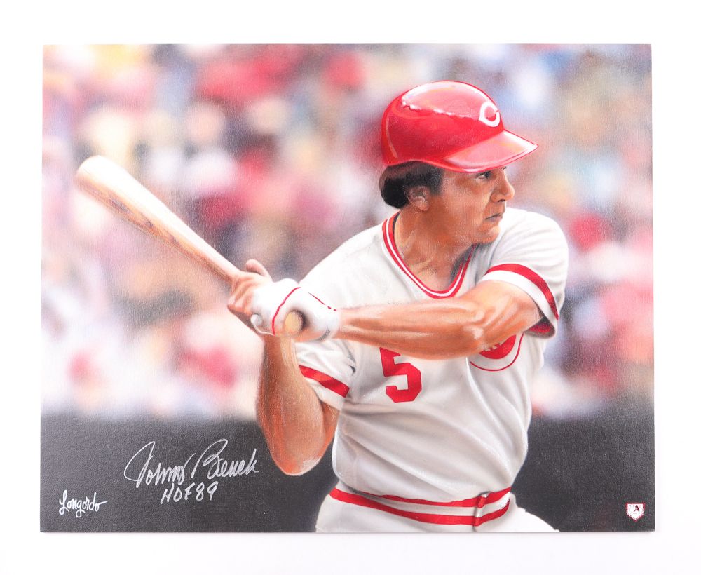 Johnny Bench & Gary Longordo Signed Cincinnati Reds Artwork on Board by Artist Gary Longordo Inscribed "HOF 89" (MAB & PA)