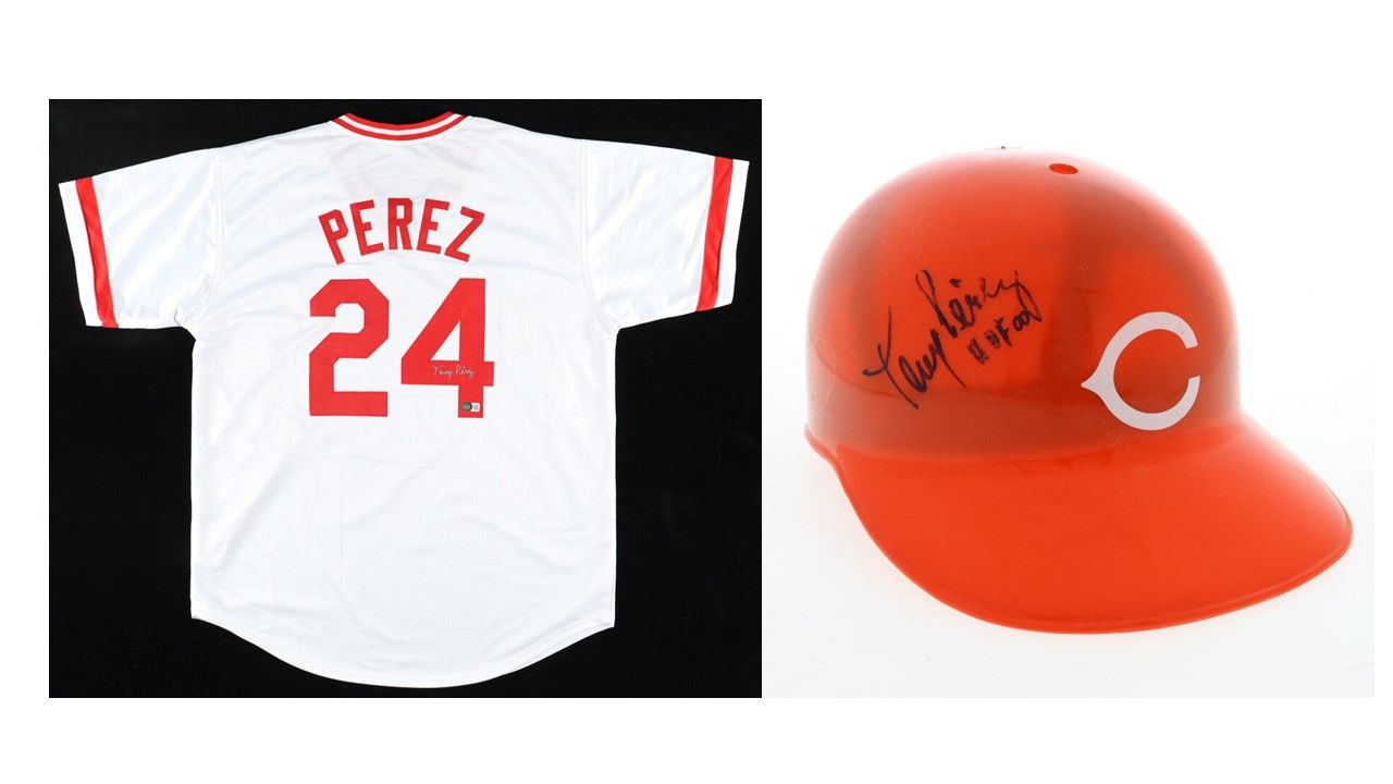 Tony Perez Signed Cincinnati Reds Jersey (Beckett) & Tony Perez Signed Cincinnati Reds Full-Size Batting Helmet Inscribed "HOF 00" (JSA)