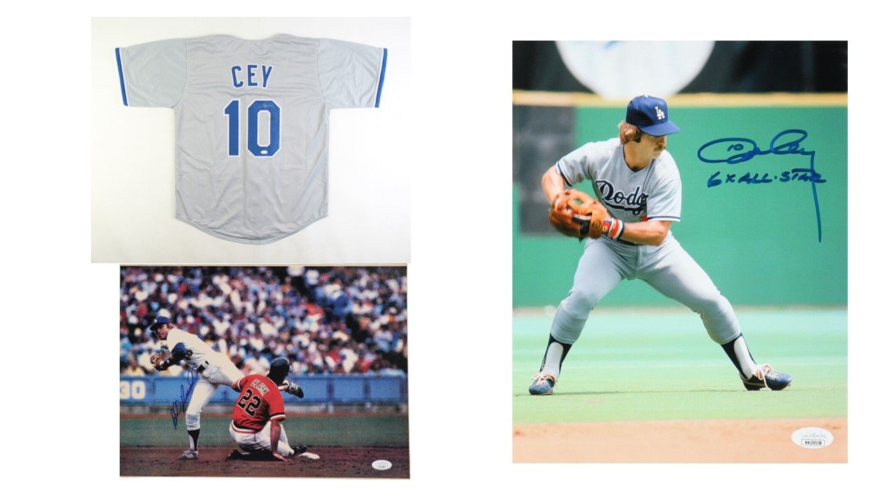 Ron Cey Signed Los Angeles Dodgers 8x10 Photo Inscribed "6x All-Star" (JSA), Ron Cey Signed Los Angeles Dodgers Jersey (JSA), & Bill Russell Signed Los Angeles Dodgers 11x15 Photo (JSA)