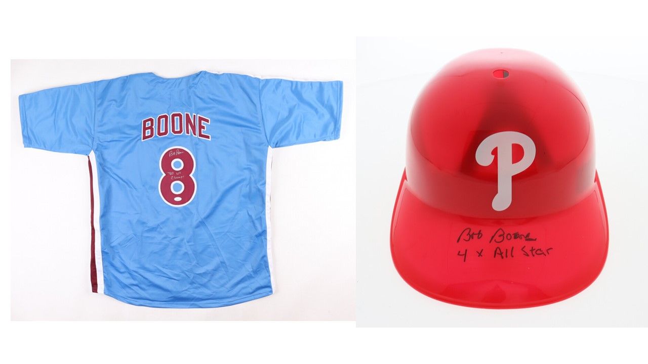 Bob Boone Signed Philadelphia Phillies Jersey Inscribed "'80 WS Champ" (JSA) and Bob Boone Signed Philadelphia Phillies Full-Size Batting Helmet Inscribed "4x All Star" (Schwartz Sports)