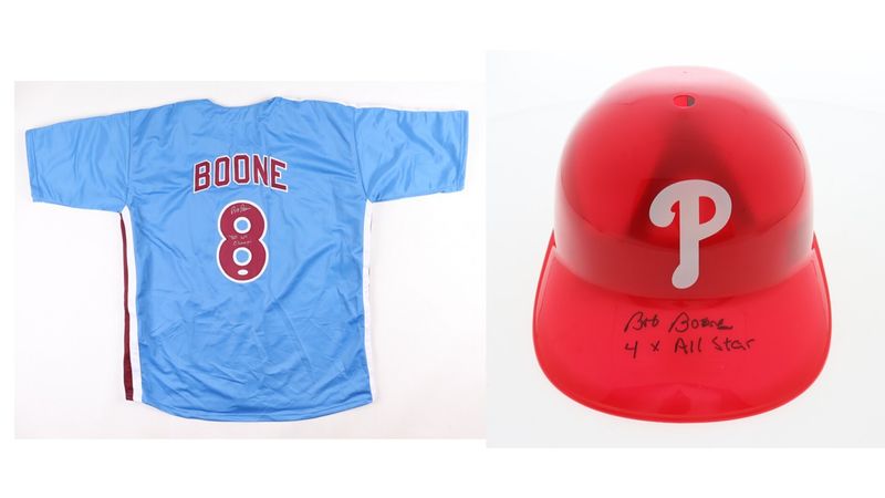 Bob Boone Signed Philadelphia Phillies Jersey Inscribed Bob Boone Signed Philadelphia Phillies Jersey Inscribed "'80 WS Champ" (JSA) and Bob Boone Signed Philadelphia Phillies Full-Size Batting Helmet Inscribed "4x All Star" (Schwartz Sports)