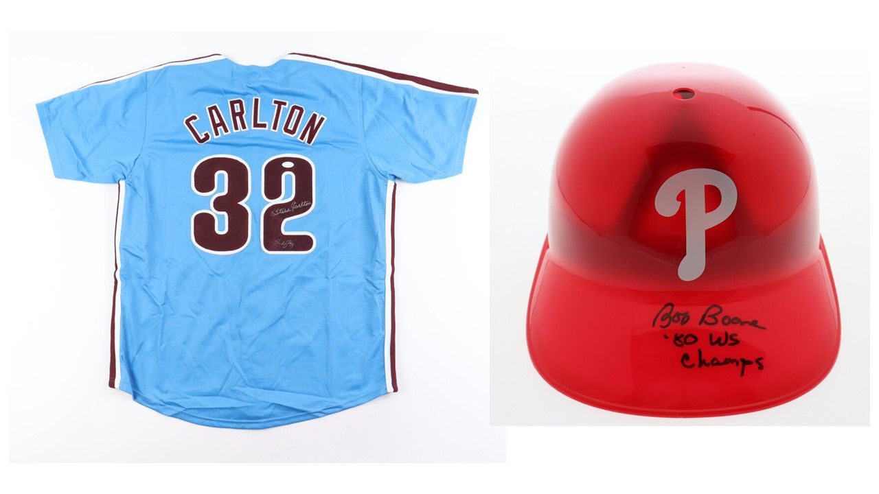 Steve Carlton Signed Philadelphia Phillies Jersey Inscribed "Lefty" (JSA) and Bob Boone Signed Philadelphia Phillies Full-Size Batting Helmet Inscribed "'80 WS Champs" (Schwartz)