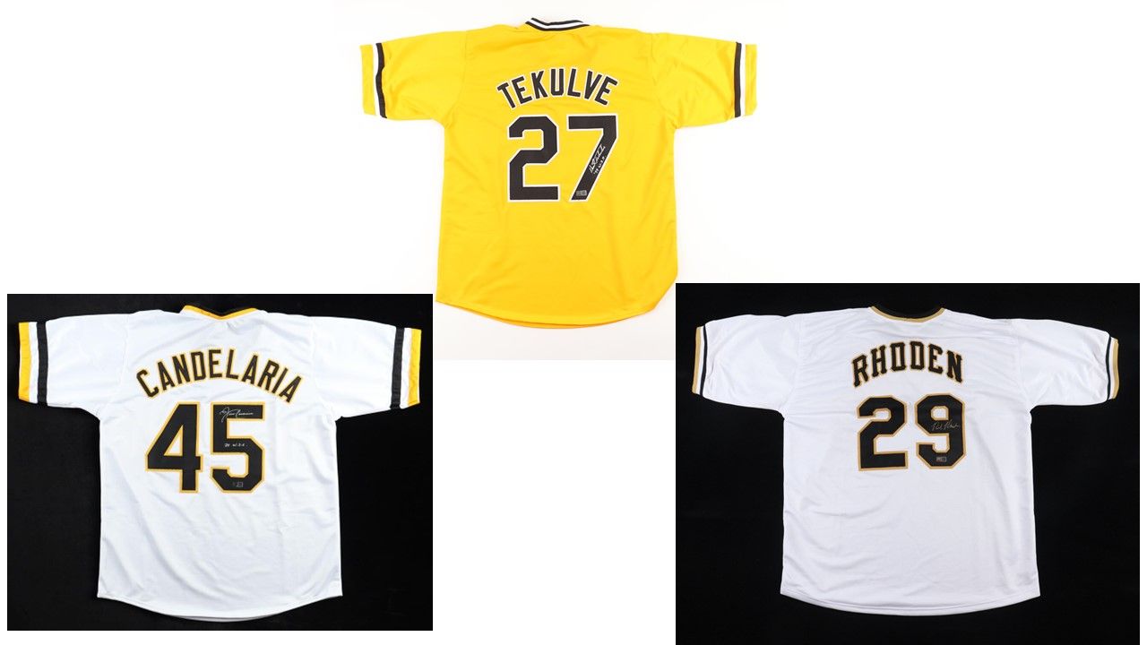 John Candelaria Signed Pittsburgh Pirates Jersey Inscribed "79 W.S.C." (TSE), Kent Tekulve Signed Pittsburgh Pirates Jersey Inscribed "'79 W.S.C." (TSE), & Rick Rhoden Signed Pirates Jersey (TSE)