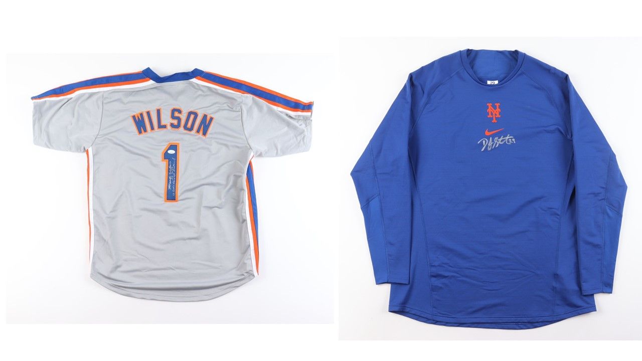 Mookie Wilson Signed New York Mets Jersey Inscribed "86 WSC" & "It Gets Through Buckner!" (JSA) & DJ Stewart Signed New York Mets Mets Player-Issued Shirt (JSA)