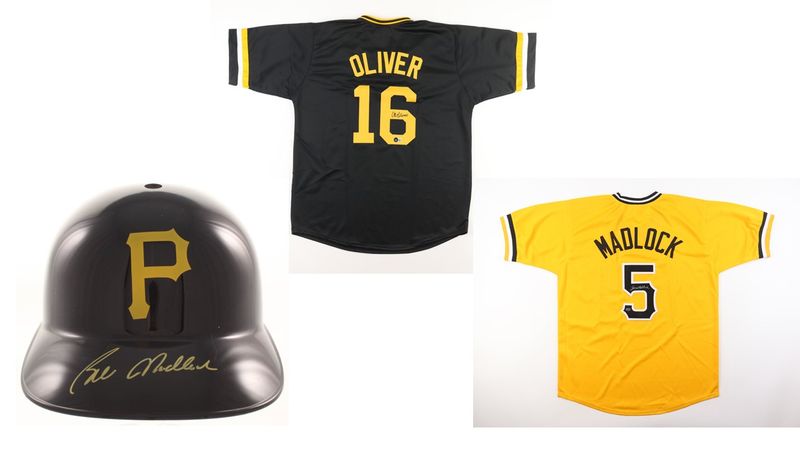 Al Oliver Signed Pittsburgh Pirates Jersey (Beckett), Bill Madlock Signed Pittsburgh Pirates Jersey (Madlock), & Bill Madlock Signed Pittsburgh Pirates Full-Size Replica Batting Helmet (JSA COA) Al Oliver Signed Pittsburgh Pirates Jersey (Beckett), Bill Madlock Signed Pittsburgh Pirates Jersey (Madlock), & Bill Madlock Signed Pittsburgh Pirates Full-Size Replica Batting Helmet (JSA COA)