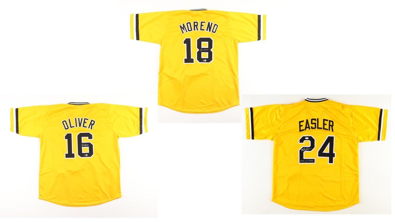 Al Oliver Signed Pittsburgh Pirates Jersey (Beckett), Omar Moreno Signed Pittsburgh Pirates Jersey (Beckett), & Mike Easler Signed Pittsburgh Pirates Jersey Inscribed "1979 W.S. Champs" (JSA)