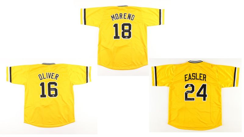 Al Oliver Signed Pittsburgh Pirates Jersey (Beckett), Omar Moreno Signed Pittsburgh Pirates Jersey (Beckett), & Mike Easler Signed Pittsburgh Pirates Jersey Inscribed Al Oliver Signed Pittsburgh Pirates Jersey (Beckett), Omar Moreno Signed Pittsburgh Pirates Jersey (Beckett), & Mike Easler Signed Pittsburgh Pirates Jersey Inscribed "1979 W.S. Champs" (JSA)