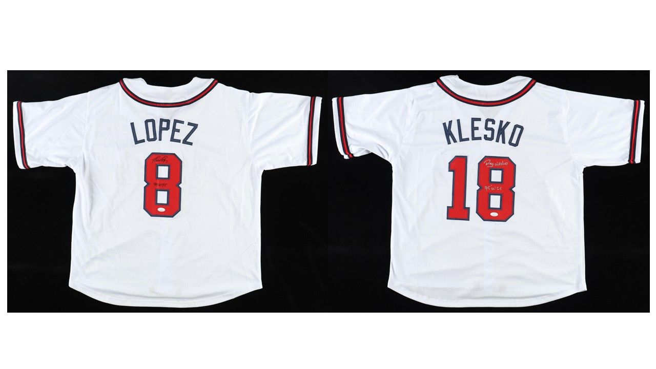 Javier Lopez Signed Atlanta Braves Jersey Inscribed "95 WSC" (JSA) and Ryan Klesko Signed Atlanta Braves Jersey Inscribed "95' WSC" (JSA)