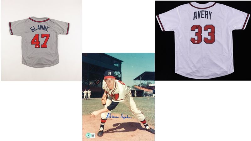 Tom Glavine Signed Atlanta Braves Jersey (JSA), Steve Avery Signed Atlanta Braves Jersey (JSA COA), & Warren Spahn Signed Atlanta Braves 8x10 Photo (Beckett)
