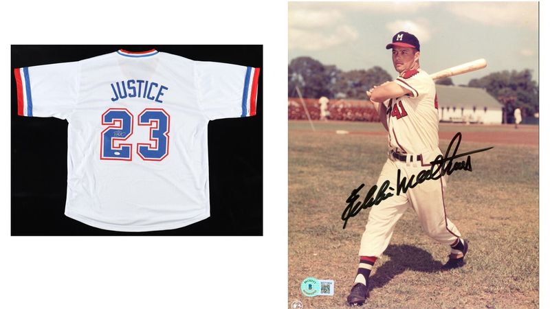 David Justice Signed Atlanta Braves Jersey (JSA) & Eddie Mathews Signed Atlanta Braves 8x10 Photo (Beckett)