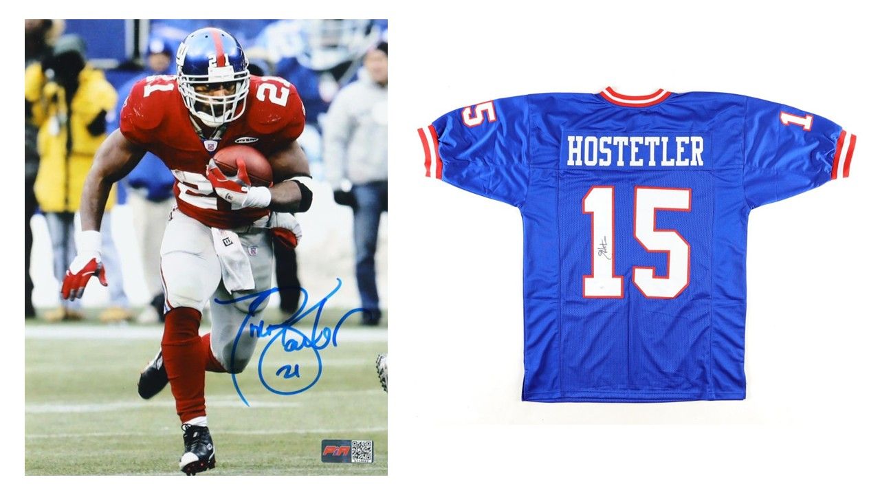Jeff Hostetler Signed New York Giants Jersey (JSA) & Tiki Barber Signed New York Giants 8x10 Photo (PIA)