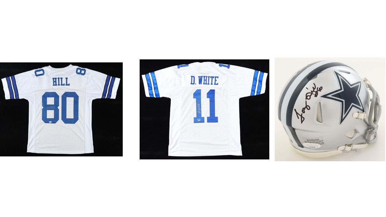 Tony Hill Signed Dallas Cowboys Speed Mini Helmet (JSA), Tony Hill Signed Dallas Cowboys Jersey (JSA), & Danny White Signed Dallas Cowboys Jersey (Gameday Sports)