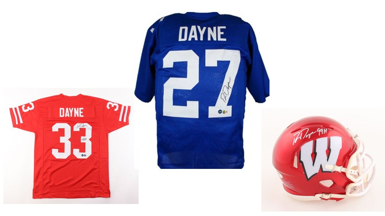Ron Dayne Signed New York Giants Jersey (Beckett), Ron Dayne Signed Flash Alternate Speed Mini Helmet Inscribed "99H" (Schwartz), & Ron Dayne Signed Wisconsin Badgers Jersey Inscribed "99 H" (Beckett)