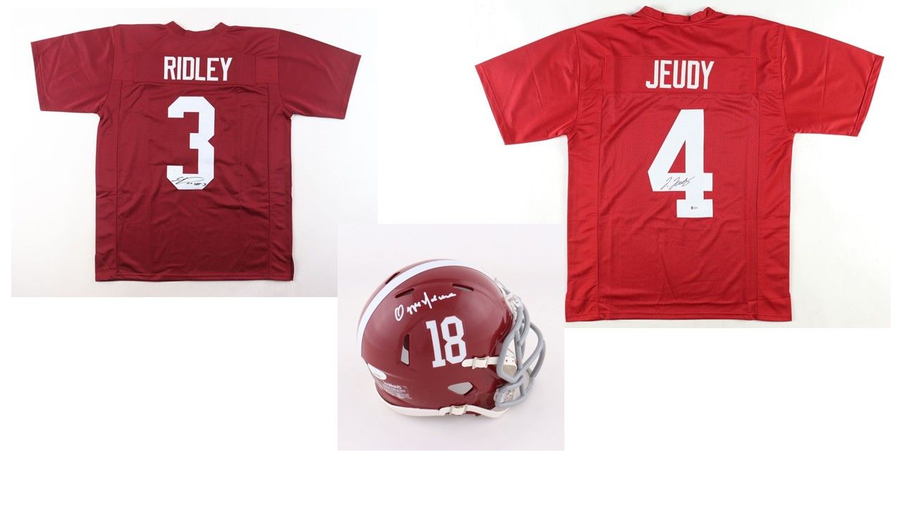Jerry Jeudy Signed Alabama Crimson Tide Jersey (Beckett), Calvin Ridley Signed Alabama Crimson Tide Jersey (JSA), & Ozzie Newsome Signed Alabama Crimson Tide Mini Speed Helmet (JSA)