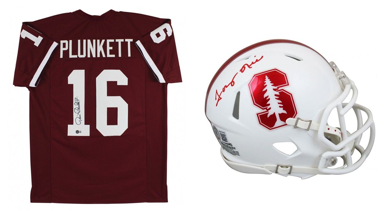 Jim Plunkett Signed Stanford Cardinal Jersey (Beckett) & Tony Hill Signed Stanford Cardinal Speed Mini Helmet (Beckett)