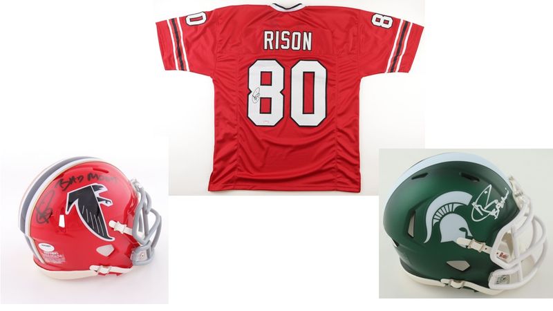 Andre Rison Signed Atlanta Falcons Jersey (PSA), Andre Rison Signed Speed Mini Helmet Insc Andre Rison Signed Atlanta Falcons Jersey (PSA), Andre Rison Signed Speed Mini Helmet Insc "Bad Moon" (Schwartz), &Andre Rison Signed Michigan State Spartans Speed Mini Helmet Inscribed Bad Moon (JSA)