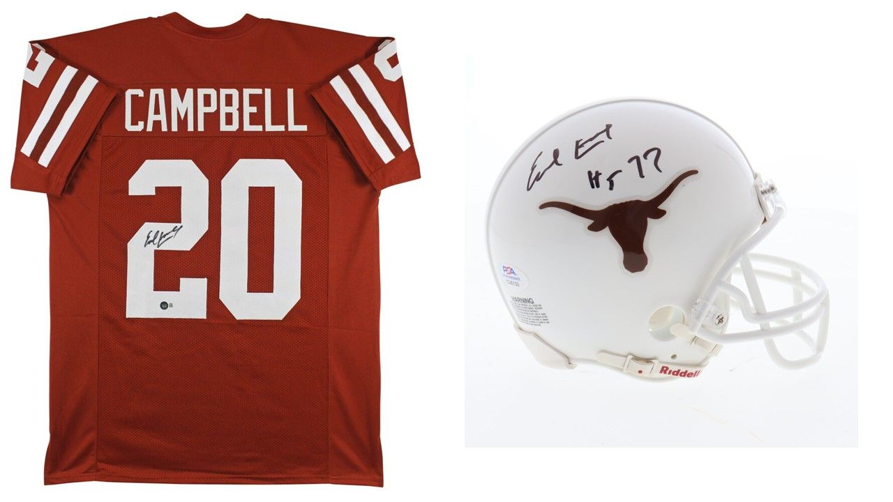 Earl Campbell Signed Texas Longhorns Jersey (Beckett) & Earl Campbell Signed Texas Longhorns Speed Mini Helmet Inscribed "HT 77" (PSA)