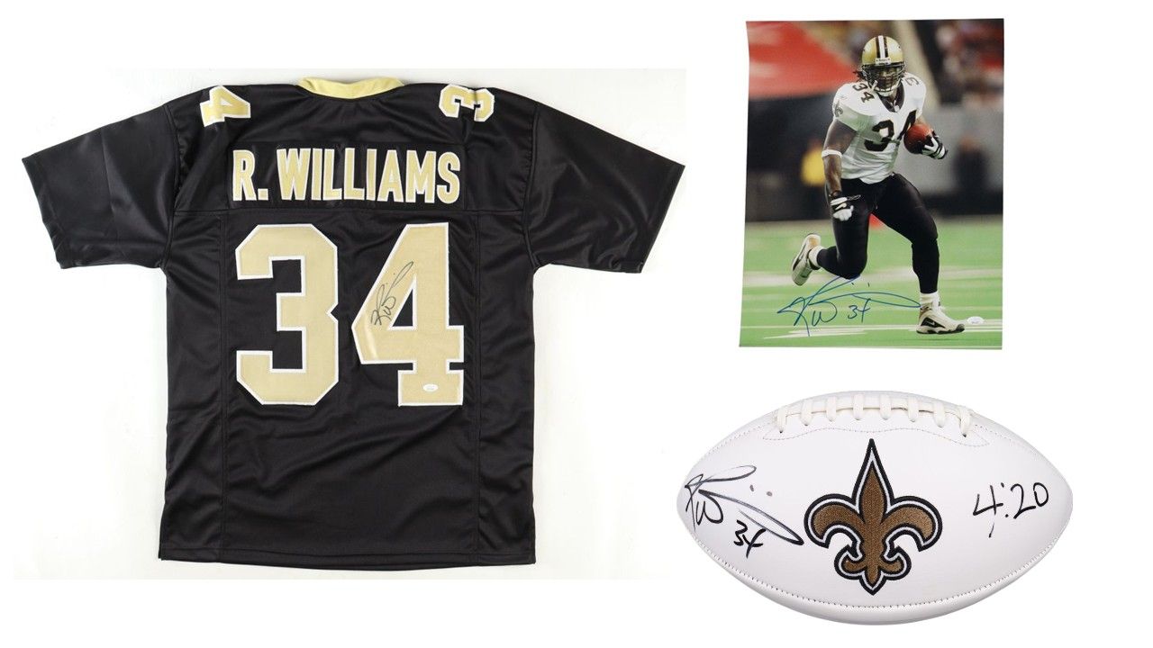 Ricky Williams Signed New Orleans Saints Logo Football Inscribed "4:20" (Radtke), Ricky Williams Signed New Orleans Jersey (JSA), & Ricky Williams Signed New Orleans Saints 16x20 Photo (JSA)