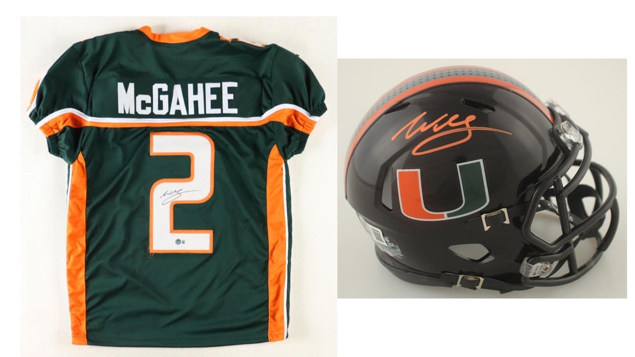Willis McGahee Signed Miami Hurricanes Jersey (Beckett) & Willis McGahee Signed Miami Hurricanes Speed Mini Helmet (Beckett)