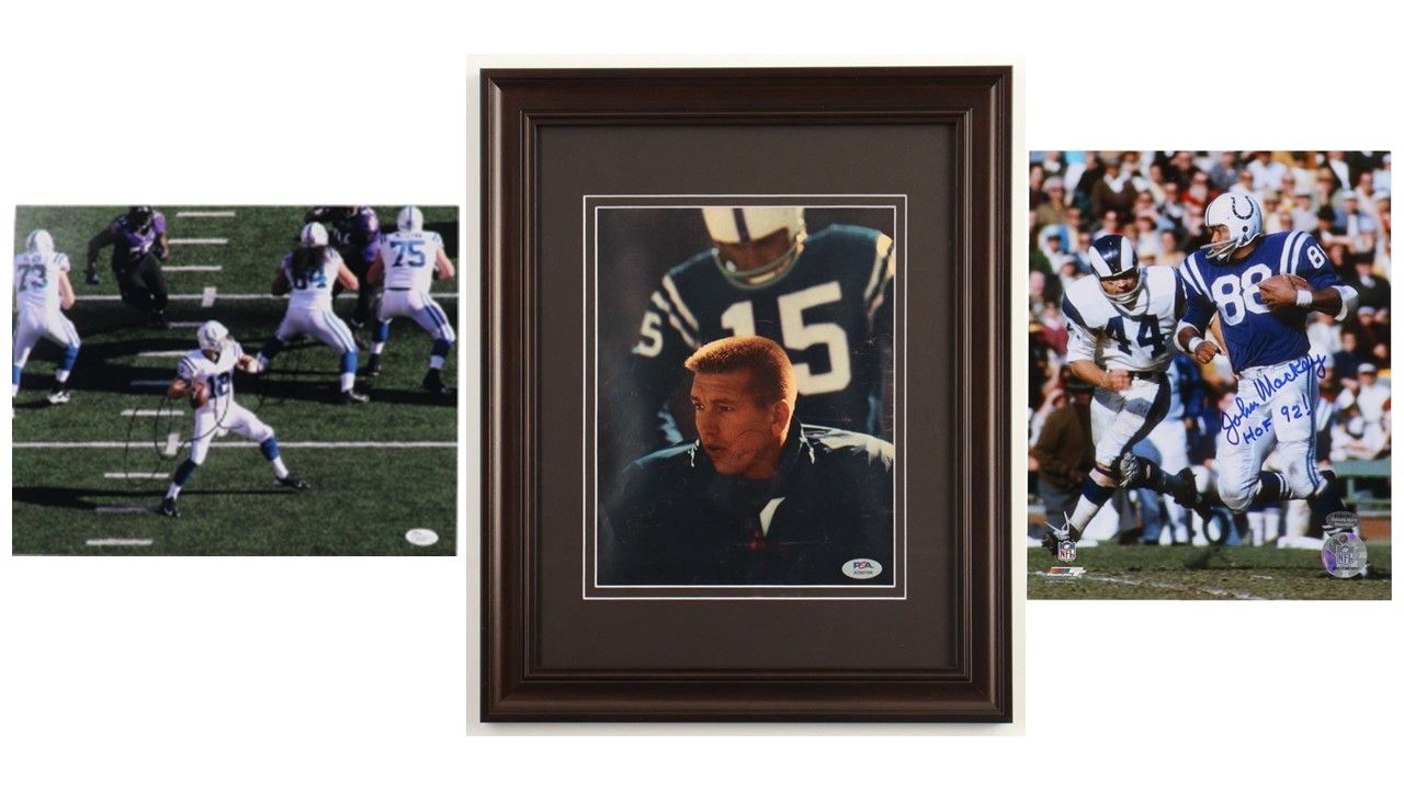 Johnny Unitas Signed Baltimore Colts Custom Framed Photo Display (PSA), Andrew Luck Signed Colts 11x14 Photo (JSA) & John Mackey Signed Baltimore Colts 8x10 Photo Inscribed "HOF 92!" (Schwartz)