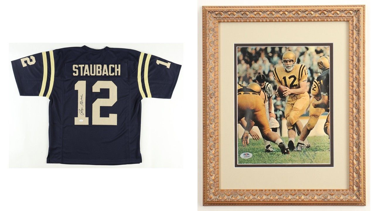 Roger Staubach Signed Navy Midshipman Jersey (JSA) & Roger Staubach Signed Navy Midshipmen Custom Framed Photo Display (PSA)