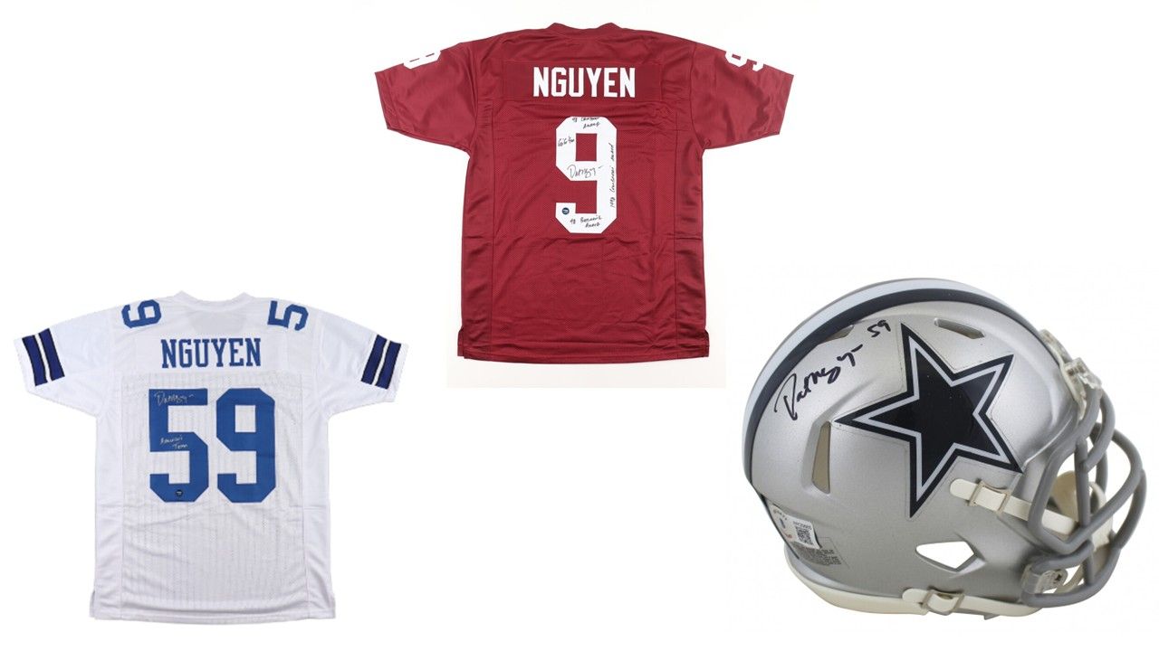 Dat Nguyen Signed Dallas Cowboys Speed Mini Helmet (Beckett), Dat Nguyen Signed Cowboys Jersey Inscribed "America's Team" (Prova), and Dat Nguyen Signed Texas A&M Jersey with Inscriptions (Prova)