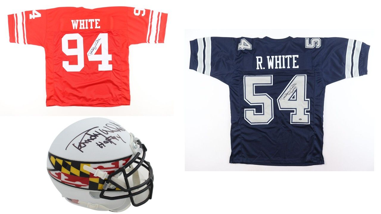 Randy White Signed Maryland Terrapins Jersey (JSA), Randy White Signed Dallas Cowboys Jersey Inscribed "HOF 94" (Schwartz) & Randy White Signed Maryland Terrapins Mini Helmet Inscribed "HOF 94" (JSA)