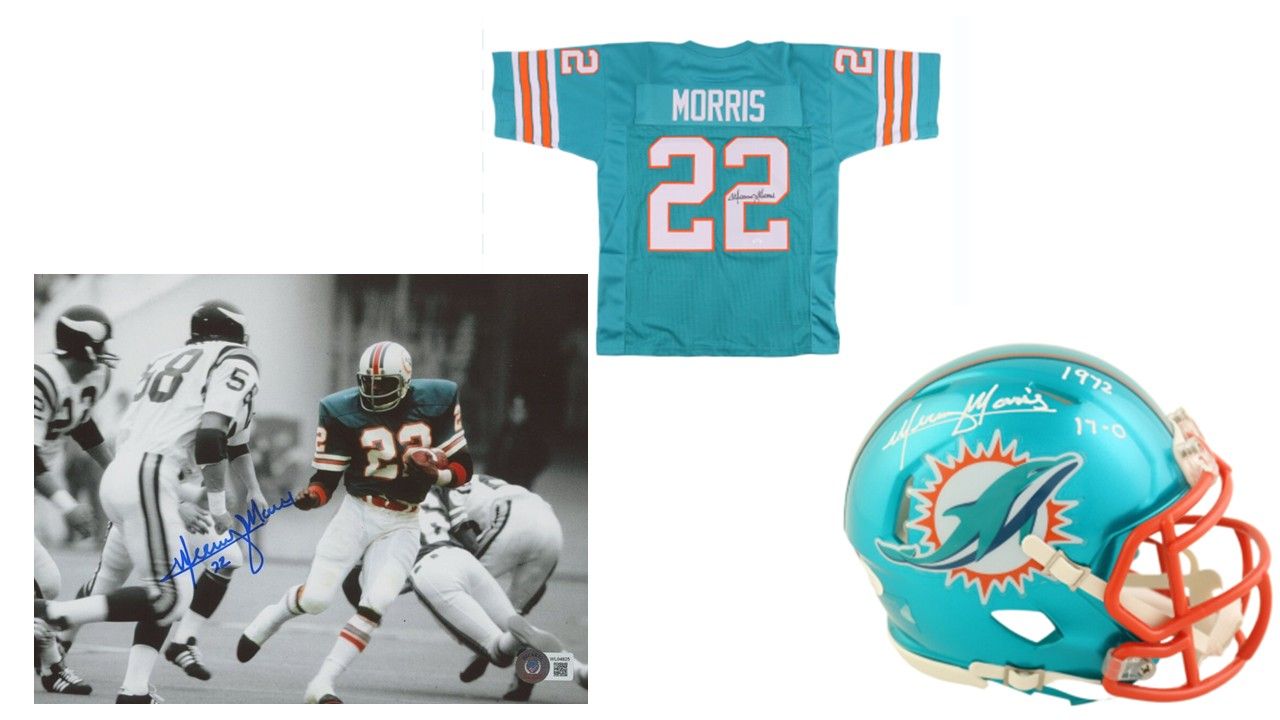 Mercury Morris Signed Miami Dolphins 8x10 Photo (Beckett), Mercury Morris Signed Dolphins Flash Alternate Speed Mini Helmet Inscribed "1972 17-0" (JSA) and Mercury Morris Signed Miami Jersey (JSA)