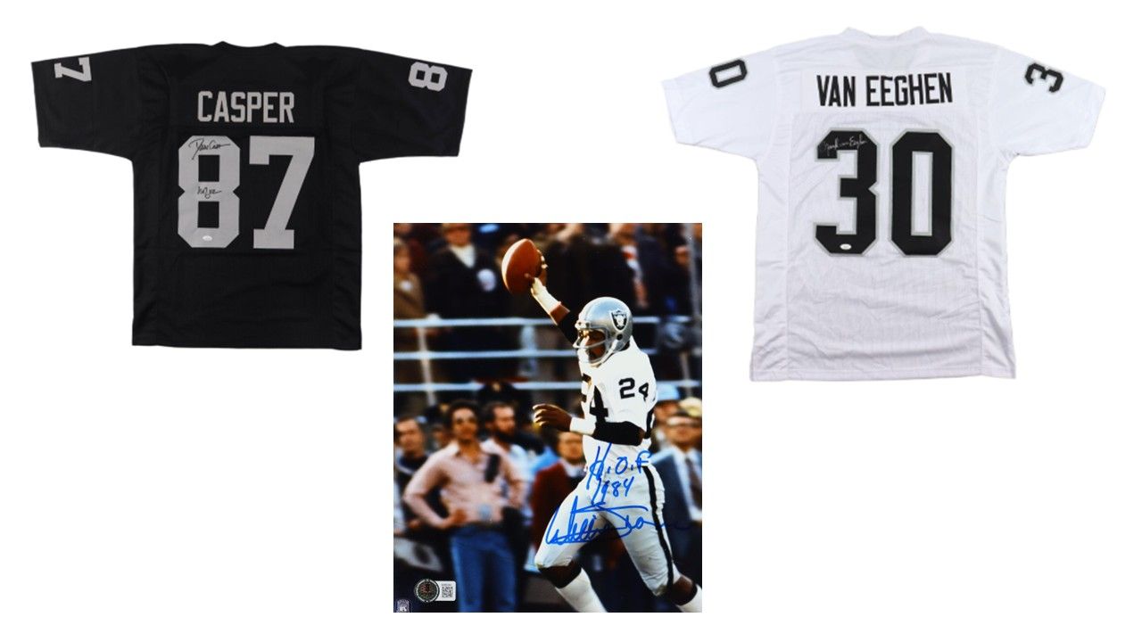 Dave Casper Signed Oakland Raiders Jersey Inscribed "HOF 02" (JSA), Mark van Eeghen Signed Raiders Jersey (JSA), & Willie Brown Signed Oakland Raiders 8x10 Photo Inscribed "H.O.F. 1984" (Beckett)