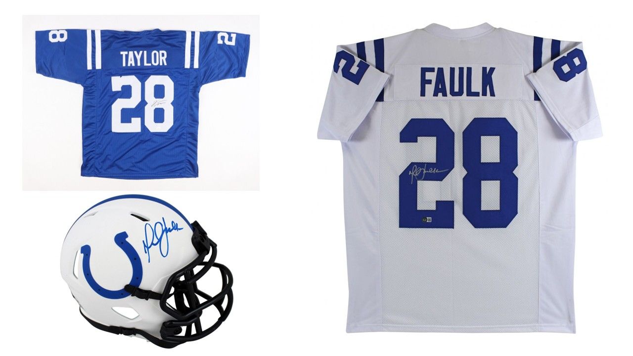 Jonathan Taylor Signed Indianapolis Colts Jersey (JSA), Marshall Faulk Signed Colts Lunar Eclipse Alternate Speed Mini Helmet (Beckett) & Marshall Faulk Signed Indianapolis Colts Jersey (Beckett)