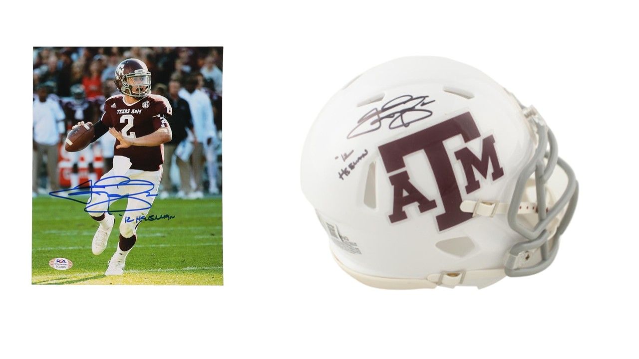 Johnny Manziel Signed Texas A&M Aggies 8x10 Photo Inscribed "'12 Heisman" (PSA) & Johnny Manziel Signed Texas A&M Aggies Speed Mini Helmet Inscribed "'12 Heisman" (Beckett)