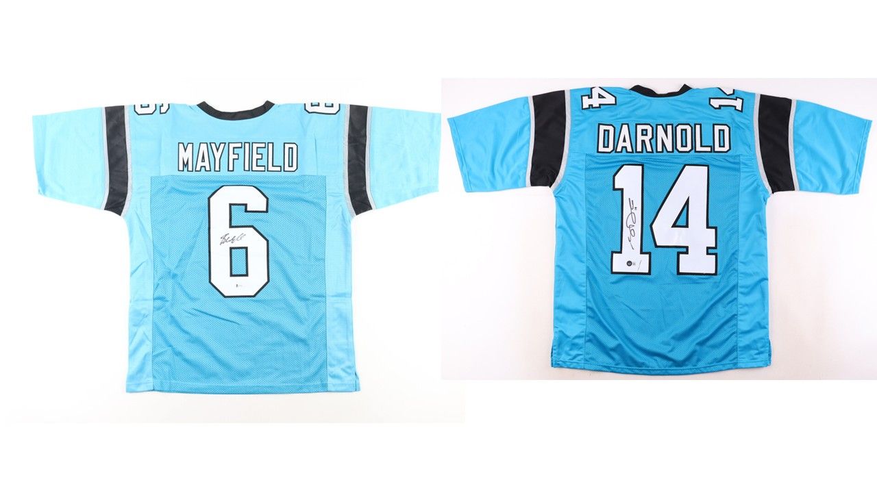 Baker Mayfield Signed Carolina Panthers Jersey (Beckett) & Sam Darnold Signed Carolina Panthers Jersey (Beckett)