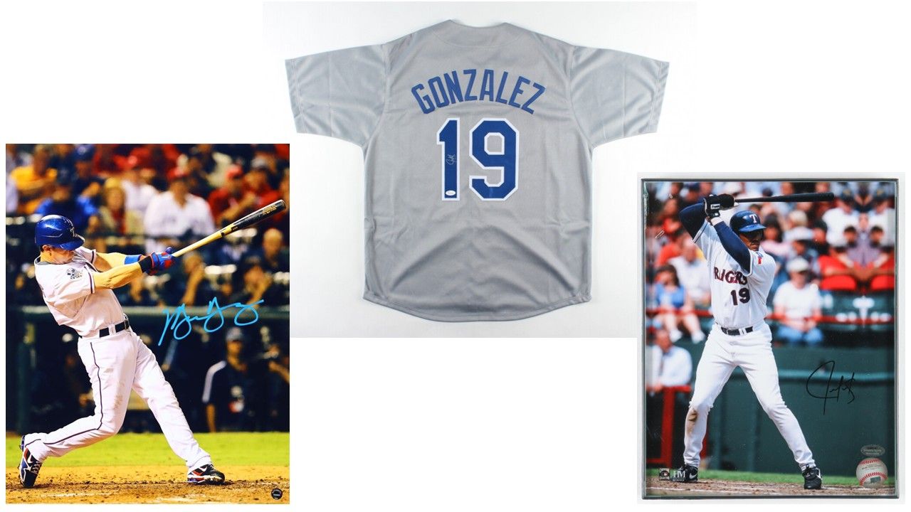 Juan Gonzalez Signed Texas Rangers Jersey (JSA) and Juan Gonzalez Signed Texas Rangers Custom Framed Photo (Schwartz), & Michael Young Signed Rangers 16x20 Photo (Playball Ink)
