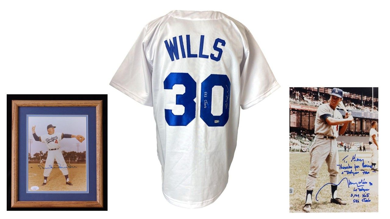 Duke Snider Signed Brooklyn Dodgers Custom 11x13 Framed Photo Display (JSA), Maury Wills Signed 8x10 Photo with Inscriptions (Beckett), & Maury Wills Signed Jersey Inscribed "586 Steals" (SI)