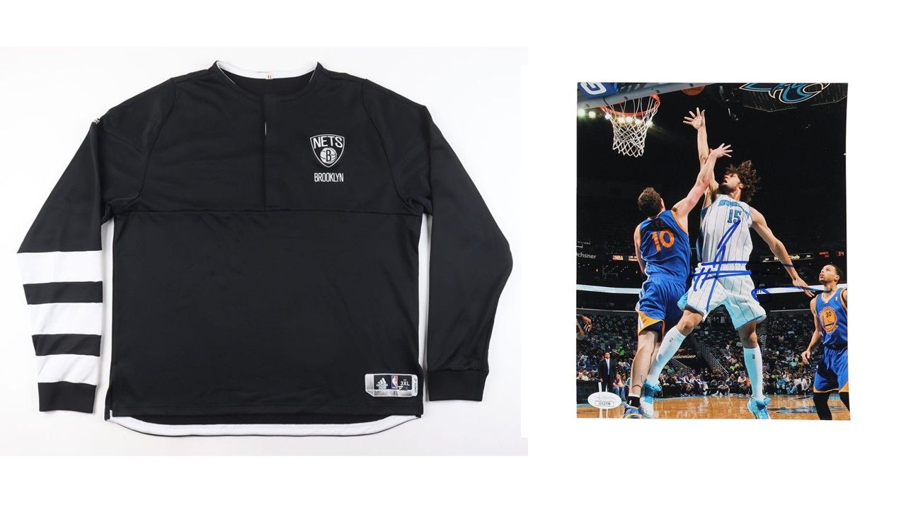 Brook Lopez Game-Used Brooklyn Nets Warm-Up Jacket (Steiner & Fanatics) & Robin Lopez Signed Charlotte Hornets 8x10 Photo (JSA)