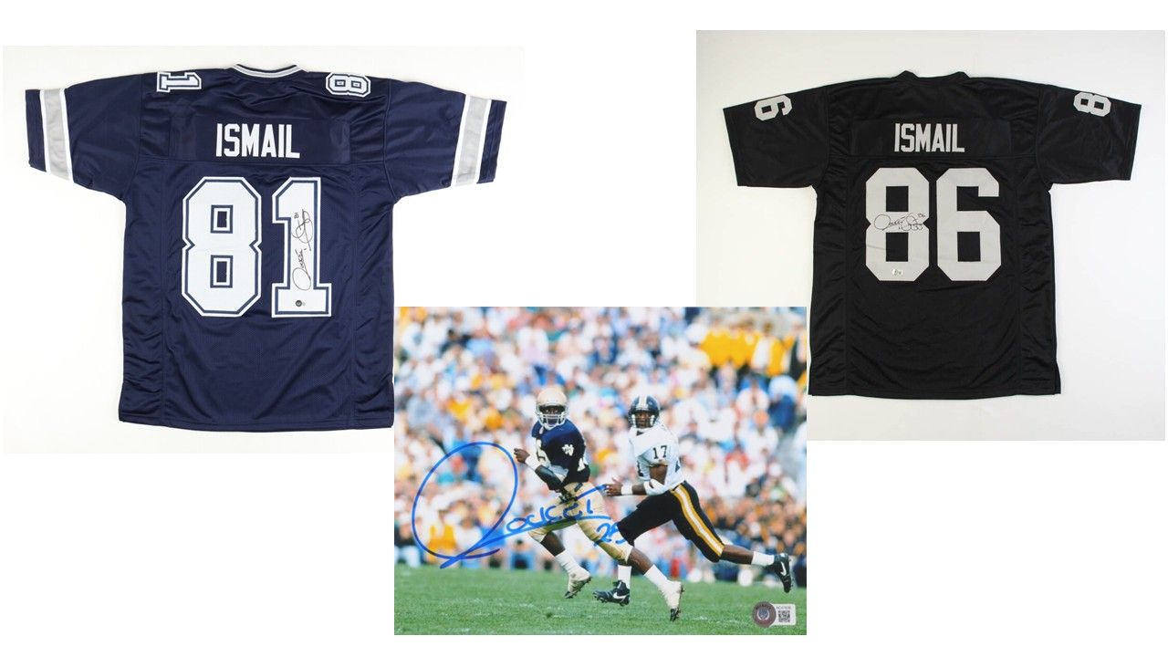 Raghib "Rocket" Ismail Signed Dallas Cowboys Jersey (Beckett), Raghib "Rocket" Ismail Signed Oakland Raiders Jersey (Beckett) & Raghib Ismail Signed Notre Dame Fighting Irish 8x10 Photo (Beckett)