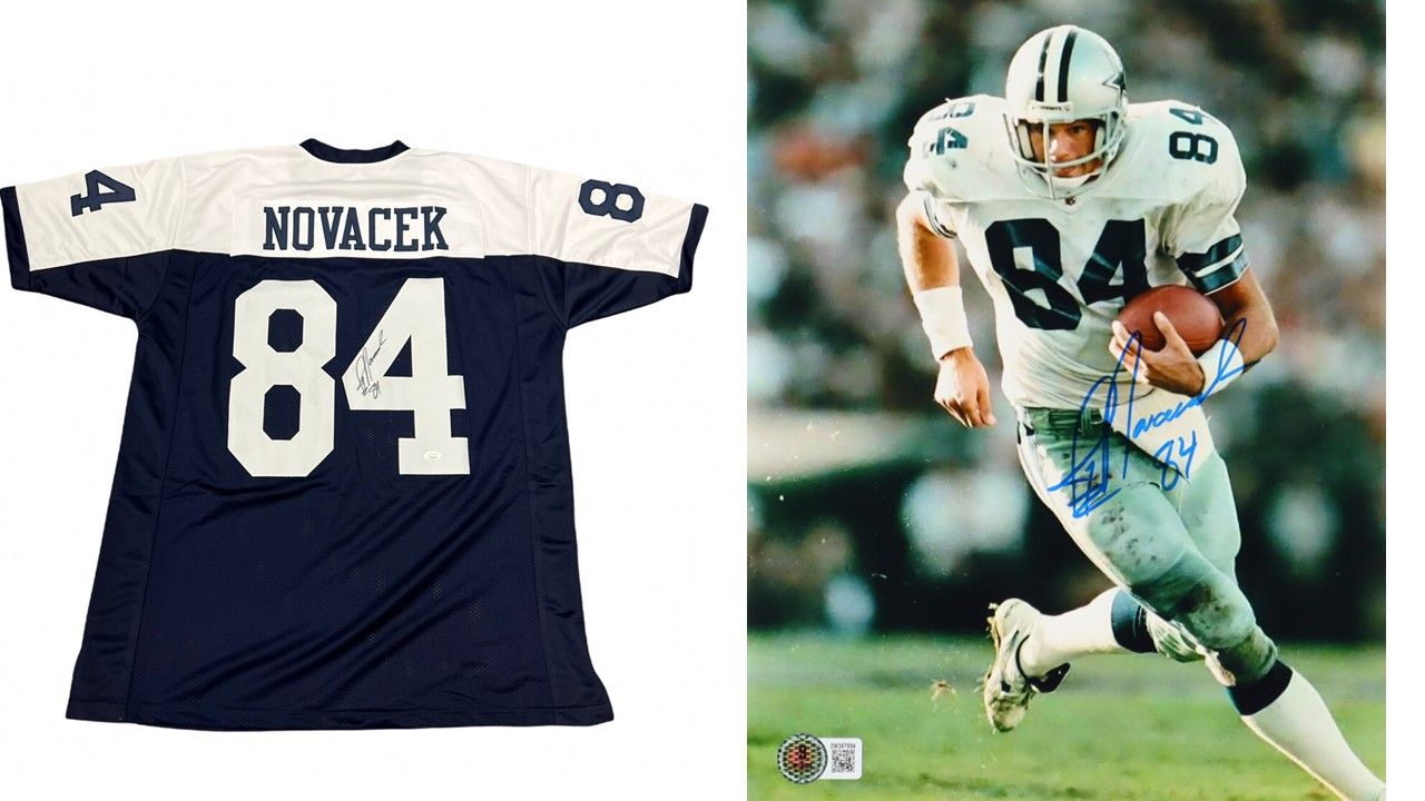Jay Novacek Signed Dallas Cowboys Jersey (JSA) & Jay Novacek Signed Dallas Cowboys 8x10 Photo (Beckett)