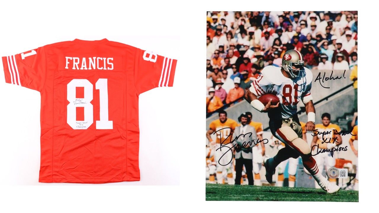 Russ Francis Signed 49ers Jersey Inscribed "Aloha!" & " Super Bowl XIX Champions" (JSA) & Russ Francis Signed San Francisco 49ers 8x10 Photo Inscribed "Super Bowl XIX Champions" & "Aloha!" (Beckett)