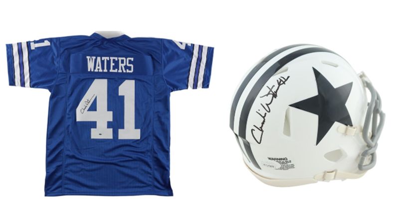 Charlie Waters Signed Dallas Cowboys Throwback Speed Mini Helmet (JSA) and Charlie Waters Signed Dallas Cowboys Jersey (OKAuthentics) Charlie Waters Signed Dallas Cowboys Throwback Speed Mini Helmet (JSA) and Charlie Waters Signed Dallas Cowboys Jersey (OKAuthentics)