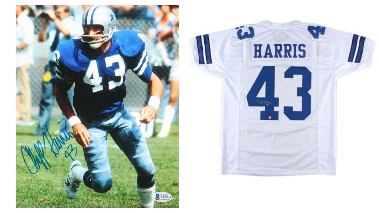 Cliff Harris Signed Dallas Cowboys 8x10 Photo (Beckett) and Cliff Harris Signed Dallas Cowboys Jersey (Beckett & Harris)