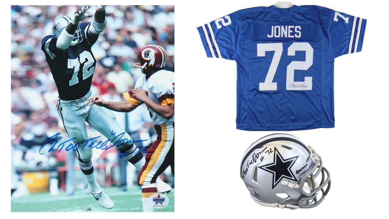 Ed "Too Tall" Jones Signed Dallas Cowboys 8x10 Photo (Gameday), Ed "Too Tall" Jones Signed Dallas Cowboys Jersey (JSA), & Ed "Too Tall" Jones Signed Cowboys Speed Mini Helmet Inscribed "America's Team