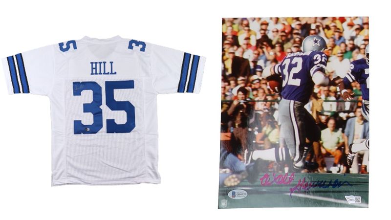 Calvin Hill Signed Dallas Cowboys Jersey (Beckett) & Walt Garrison Signed Dallas Cowboys 8x10 Photo (Beckett)