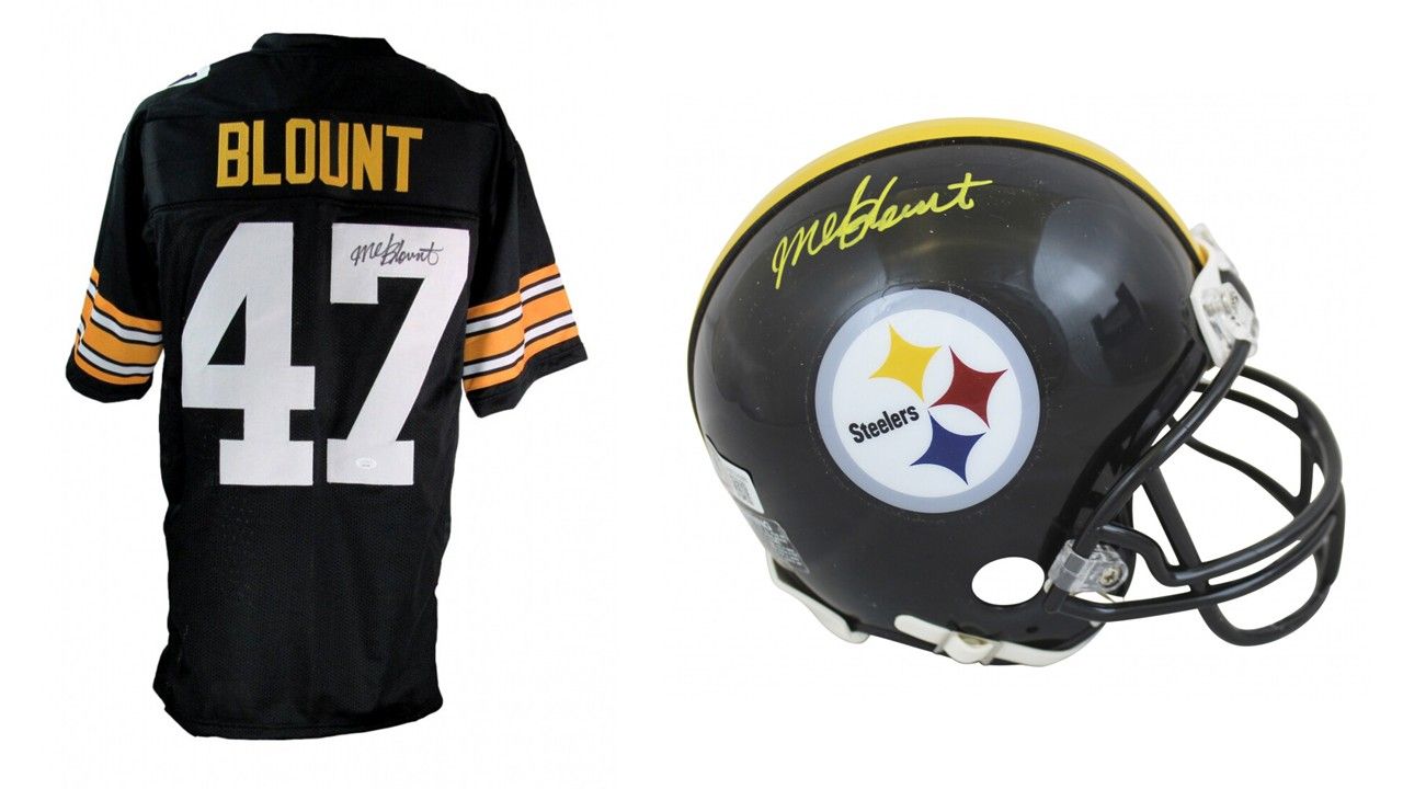 Mel Blount Signed Pittsburgh Steelers Jersey (JSA) and Mel Blount Signed Pittsburgh Steelers Mini Helmet (Beckett)