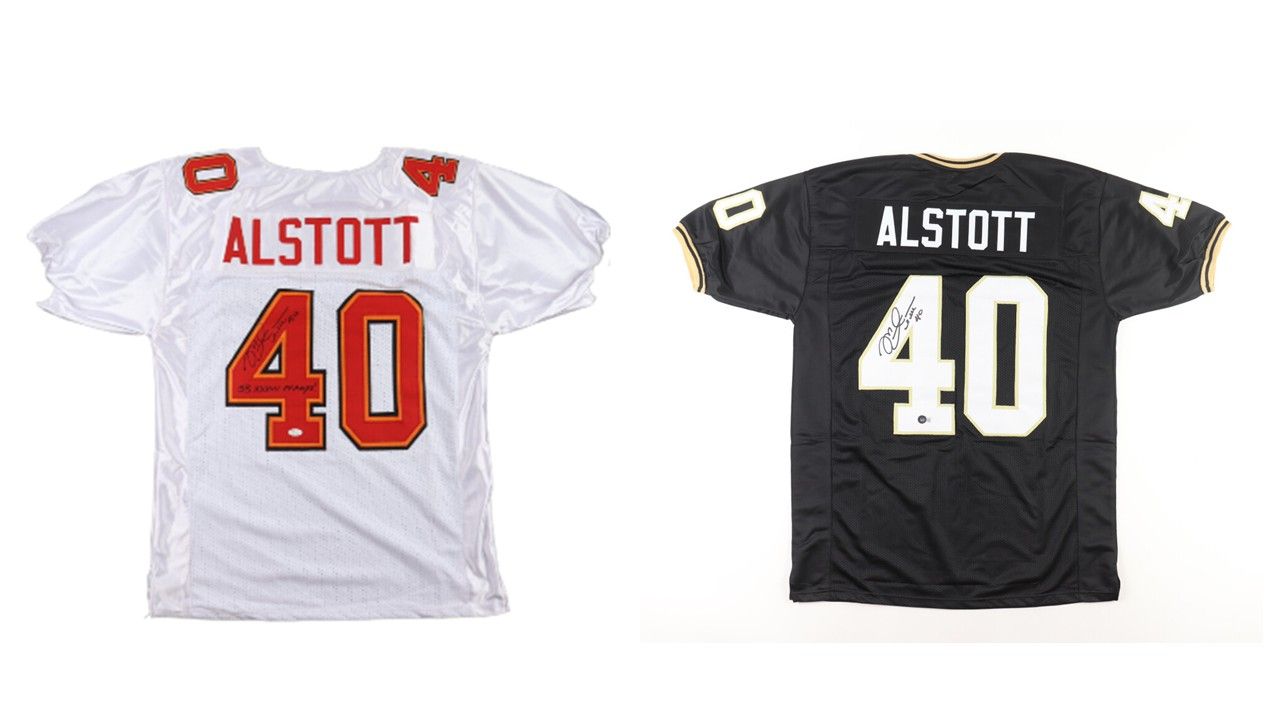 Mike Alstott Signed Purdue Boilermakers Jersey (Beckett) and Mike Alstott Signed Tampa Bay Buccaneers Jersey Inscribed "SB XXXVII Champs!" (JSA)
