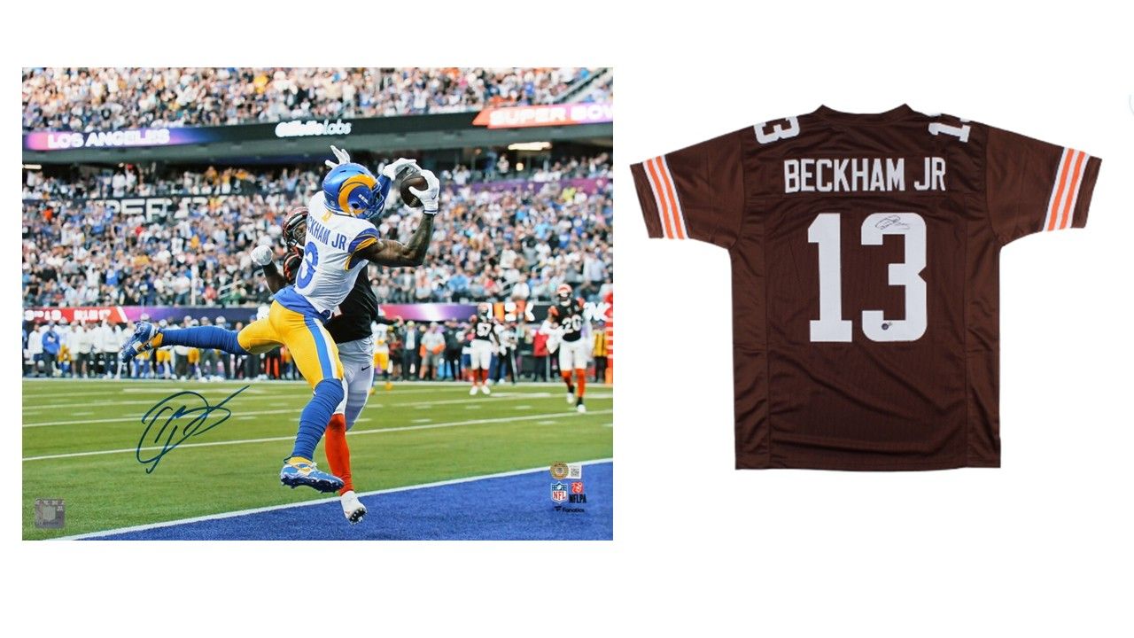 Odell Beckham Jr. Signed Cleveland Browns Jersey (Beckett) & Odell Beckham Jr. Signed Los Angeles Rams 16x20 Photo (Beckett)