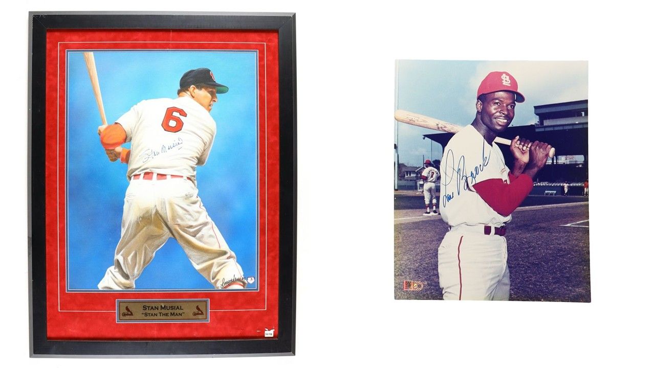 Stan Musial Signed Gary Longordo St Louis Cardinals Custom Framed 28" x 36" Print Display (MAB) & Lou Brock Signed St Louis Cardinals 8x10 Photo (AIV)