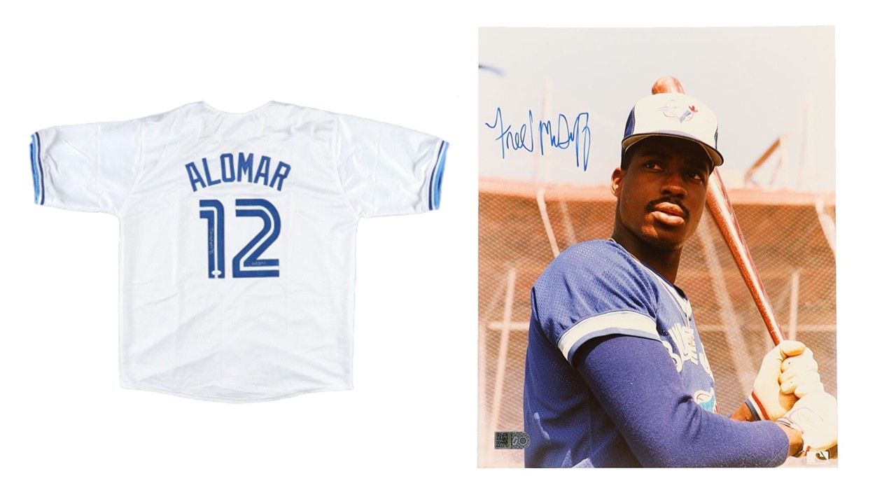 Roberto Alomar Signed Toronto Blue Jays Jersey Inscribed "HOF 2011" (JSA) & Fred McGriff Signed Toronto Blue Jays 8x10 Photo (AIV)