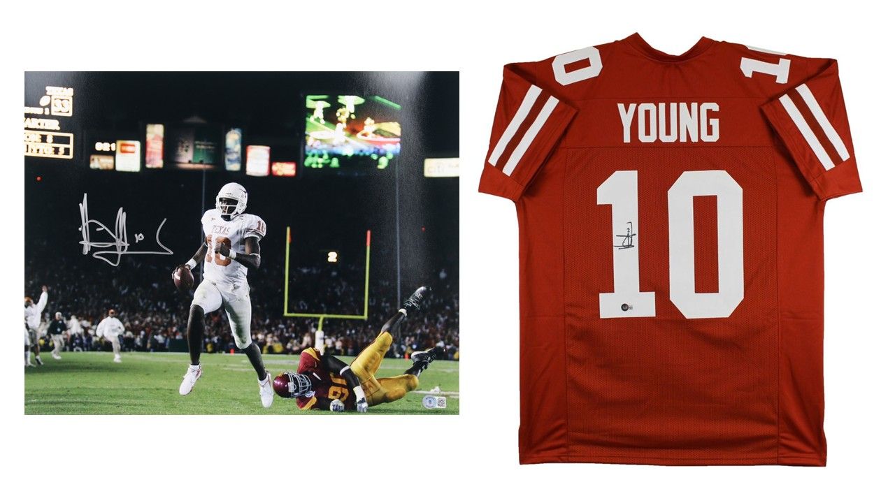 Vince Young Signed Texas Longhorns Jersey (Beckett) & Vince Young Signed Texas Longhorns 16x20 Photo (Beckett)