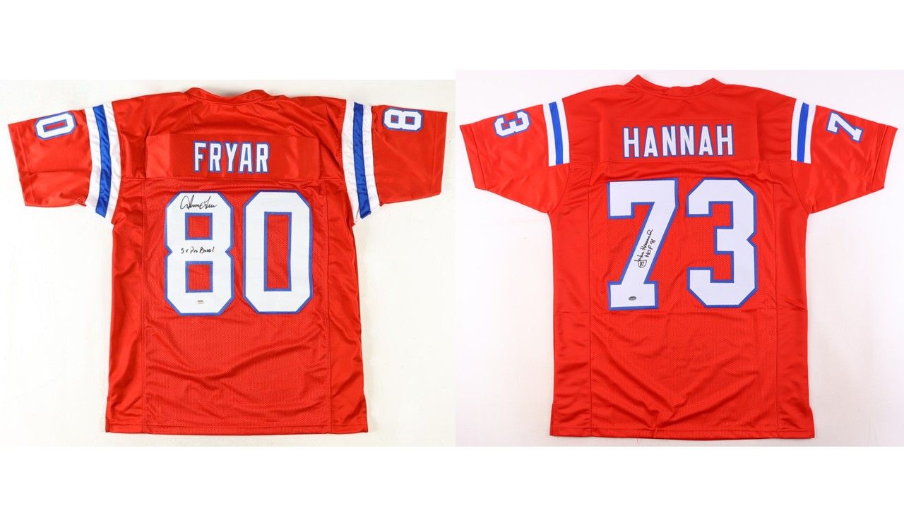 Irving Fryar Signed New England Patriots Jersey Inscribed "5x Pro Bowl" (PSA) & John Hannah Signed New England Patriots Jersey Inscribed "HOF 91" (Schwartz)