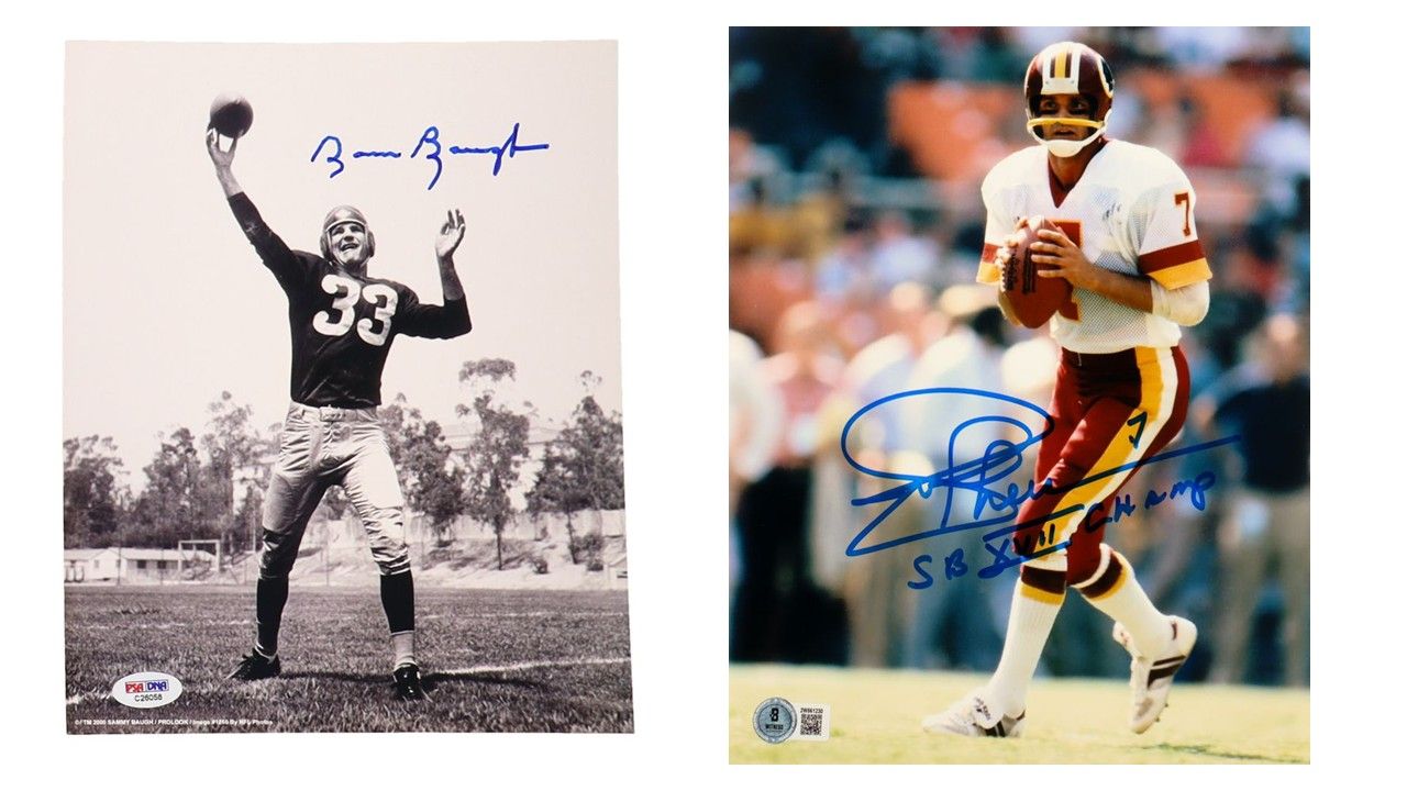 Sammy Baugh Signed Washington Redskins 8x10 Photo (PSA) & Joe Theismann Signed Washington Redskins 8x10 Photo Inscribed "SB XVII Champs" (Beckett)